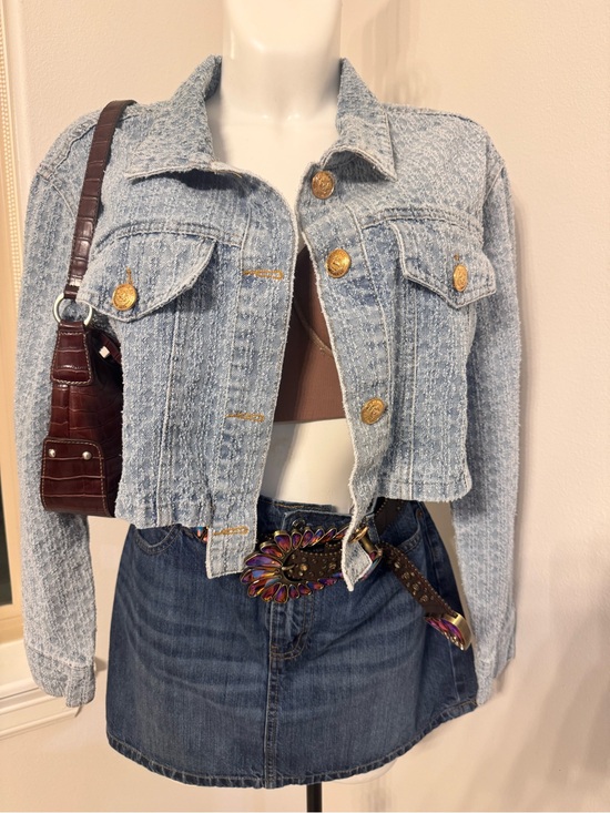 Mango Jackets & Blazers - Mango Light Blue Cropped Denim Jacket with Gold Buttons